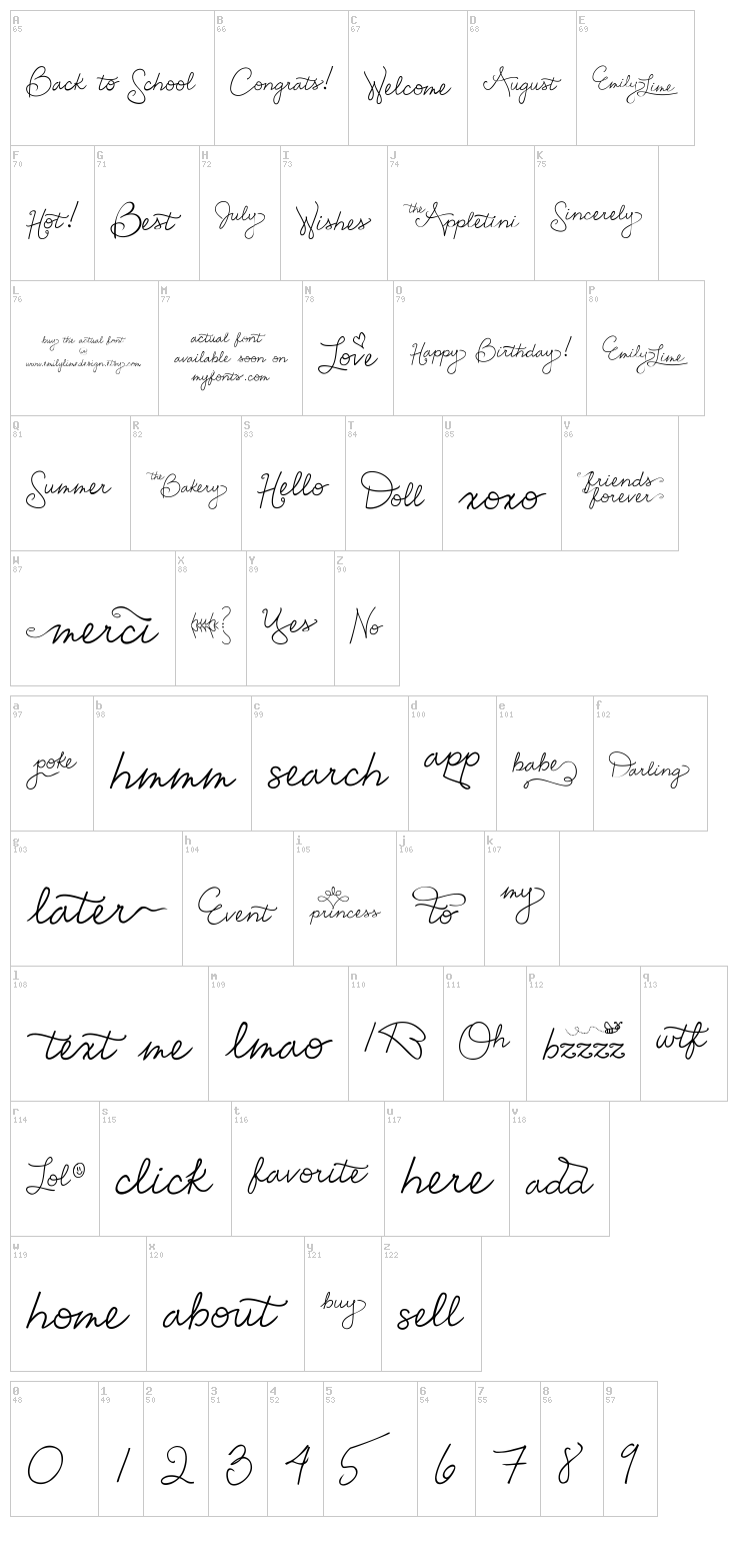 Emily Lime Words font map